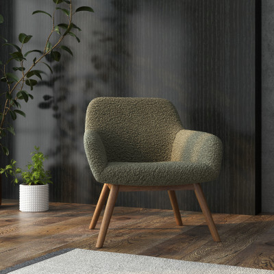 MALMO-Fauteuil en tissu bouclette Army et bois noyer