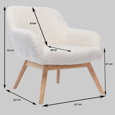 MALMO, Fauteuil lounge en tissu bouclé écru et hévéa naturel