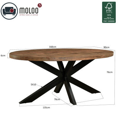 MANAUS-Table repas Ovale L160 cm en bois massif et métal