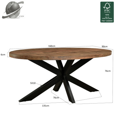 MANAUS-Table repas Ovale L160 cm en bois massif et métal
