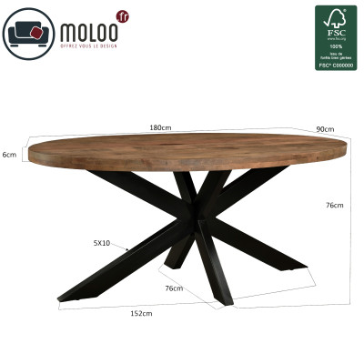 MANAUS-Table repas Ovale L180 cm en bois massif et métal