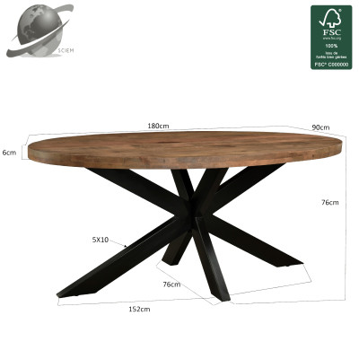 MANAUS-Table repas Ovale L180 cm en bois massif et métal