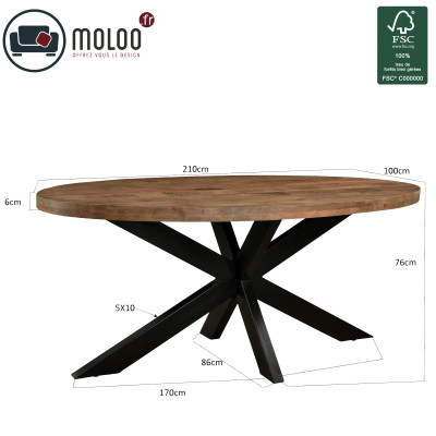 MANAUS-Table repas Ovale L.210 cm en bois massif et métal