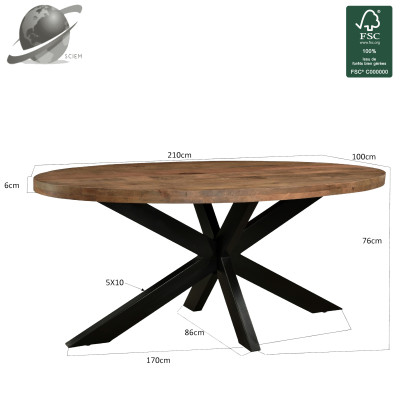 MANAUS-Table repas Ovale L.210 cm en bois massif et métal