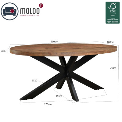 MANAUS-Table repas Ovale L.240 cm en bois massif et métal