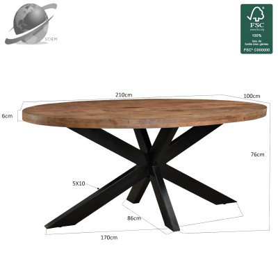 MANAUS-Table repas Ovale L.240 cm en bois massif et métal