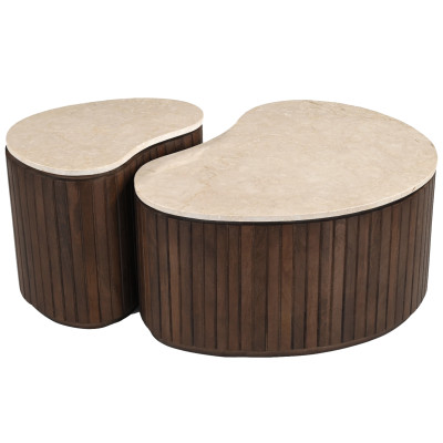 BEAN-Set aus 2 Couchtischen aus Marmor und dunklem Holz