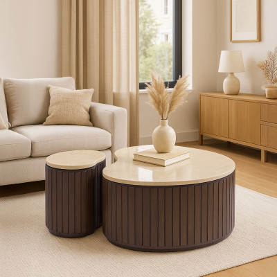 BEAN-Set de 2 Tables basses en marbre et bois foncé