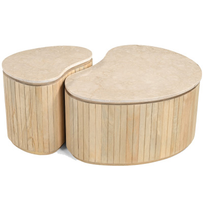 BEAN-Set aus 2 Couchtischen aus Marmor und Naturholz