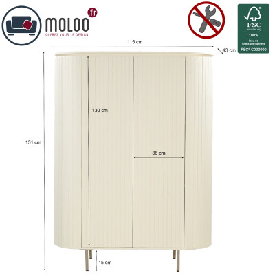 CREAM-Buffet haut 2 portes en bois massif Ivoire