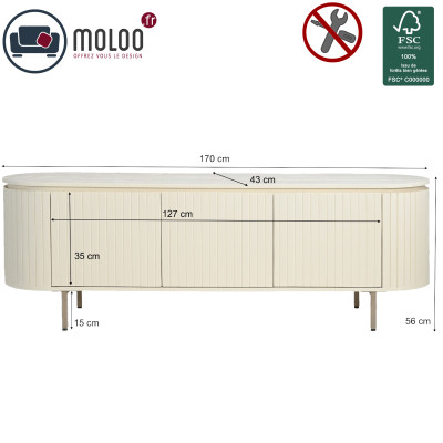 CREAM-Meuble TV 3 portes L.170 cm en bois massif Ivoire