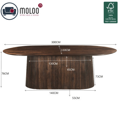 SIENNE-Table à manger Ovale12 p et + L.300 cm, Manguier teinté noyer