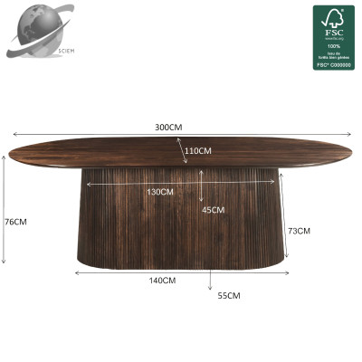 SIENNE-Table à manger Ovale12 p et + L.300 cm, Manguier teinté noyer