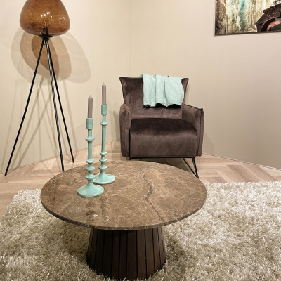 MILANO-Table basse ronde D.80 cm en Marbre emperador et bois massif