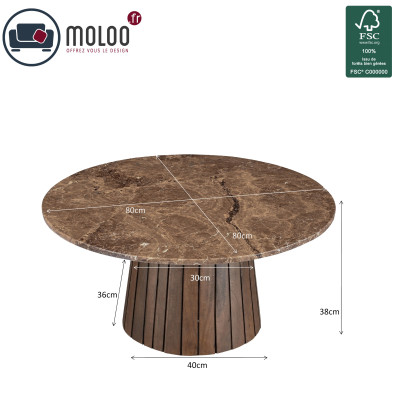 MILANO-Table basse ronde D.80 cm en Marbre emperador et bois massif