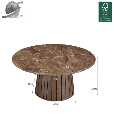 MILANO-Table basse ronde D.80 cm en Marbre emperador et bois massif