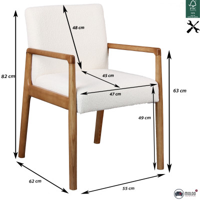 ALBAN-Fauteuil de table en tissu Curly Ecru et Frêne naturel (x2)