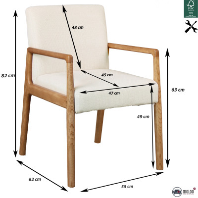 ALBAN-2er Set Tischsessel aus Stoff Ecru und Esche Natur