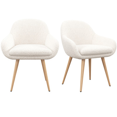 CANCUN-Chaise en tissu bouclette Ecru et pieds métal décor bois (x2)