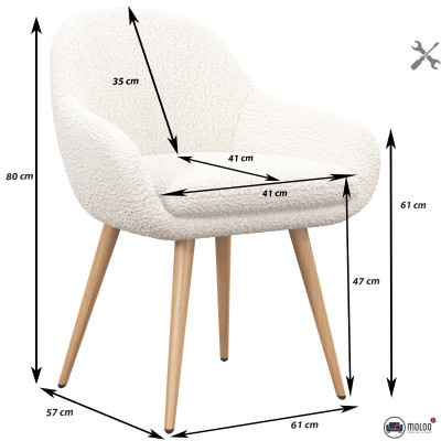 CANCUN-Chaise en tissu bouclette Ecru et pieds métal décor bois (x2)