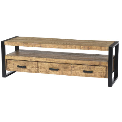DACCA-Meuble TV 3 tiroirs, L.150 cm, bois de Manguier massif et métal