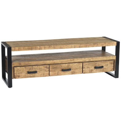 DACCA-Meuble TV 3 tiroirs, L.150 cm, bois de Manguier massif et métal