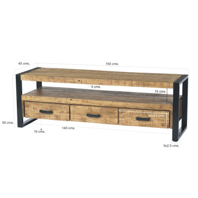 DACCA-Meuble TV 3 tiroirs, L.150 cm, bois de Manguier massif et métal