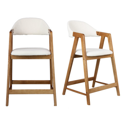 CAMILLE-Chaise de bar en tissu Curly Ecru et Frêne naturel (x2)