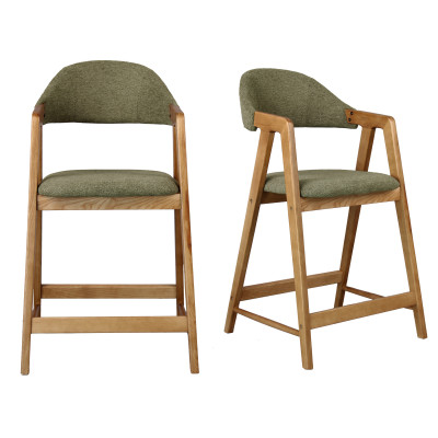 CAMILLE-Sedia da bar, tessuto verde e frassino (x2)