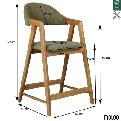 CAMILLE-Sedia da bar, tessuto verde e frassino (x2)