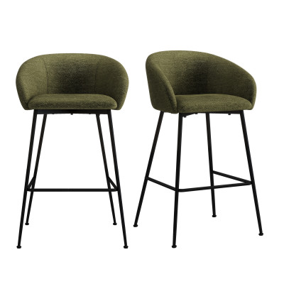 CHLOE-Silla de bar de tela verde y metal negro (x2)