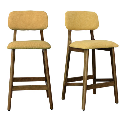 CLIFF-2er Set Barhocker,Stoff Safran und Holz Walnuss