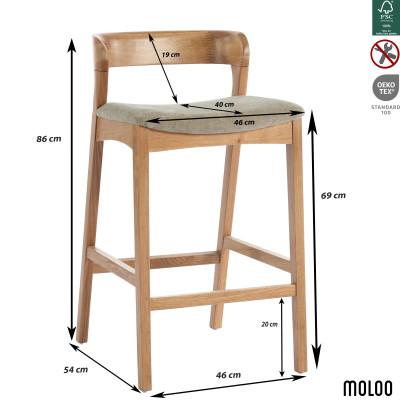 TINO-Tabouret de bar en Chêne massif et tissu Bliss Sable
