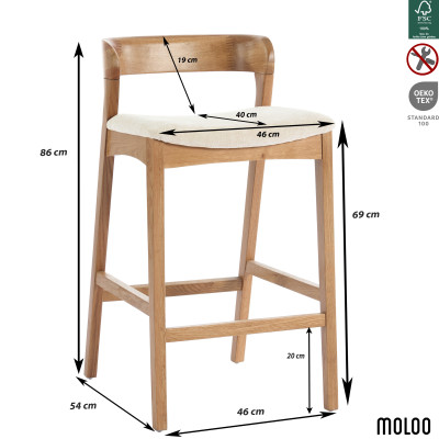TINO-Tabouret de bar en Chêne massif et tissu Bliss Ecru
