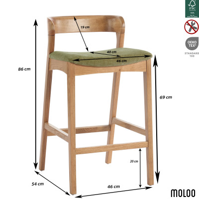 TINO-Tabouret de bar en Chêne massif naturel et tissu Bliss Sauge