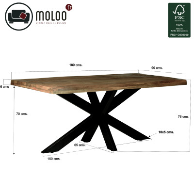 MANAUS-Table repas 6/8 personnes L180, Manguier "tree top",Spider noir
