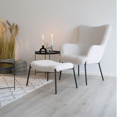 BORIS-Vintage-Sessel und Fußhocker aus ecrufarbenem Bouclé-Stoff