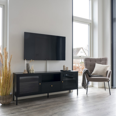 CITY-Mueble de TV 2 puertas cristal 1 cajón metálico negro 150x60cm