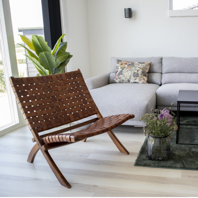 TIKO-Fauteuil pliant en teck massif et cuir marron