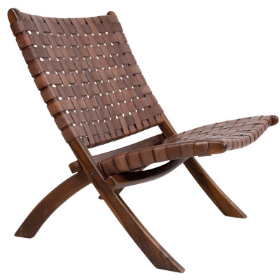 TIKO-Poltrona pieghevole in teak massello e pelle marrone