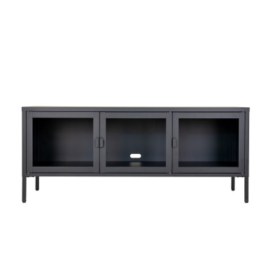 MAINE-Mueble de TV con 3 puertas de cristal acero negro 130 cm