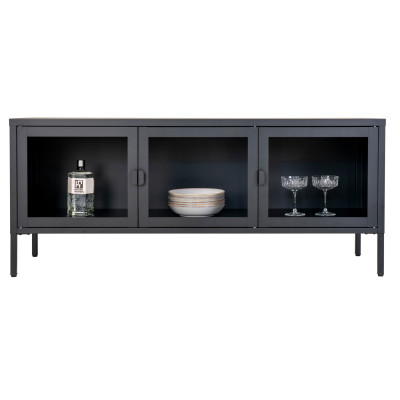 MAINE-Mobile porta TV con 3 ante in vetro acciaio nero 130 cm