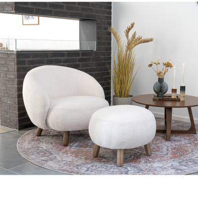 MIMI-Poltrona e pouf in tessuto bouclé ecrù e legno