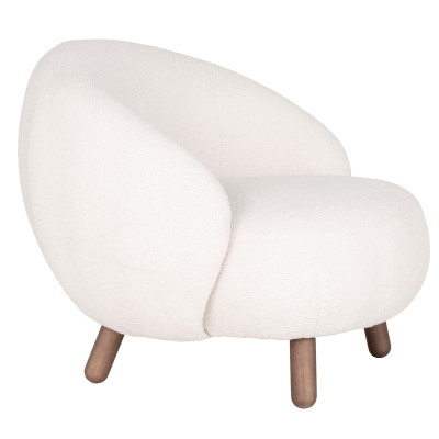 MIMI-Poltrona e pouf in tessuto bouclé ecrù e legno