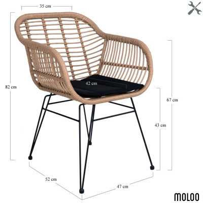 RIO-Fauteuil de table en rattan naturel et métal (x2)