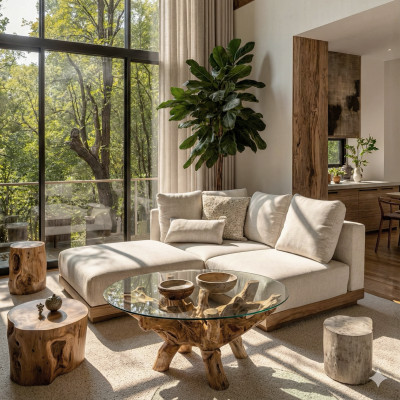 ROOTS-Couchtisch aus massivem Teakholz und Glas ø110 cm