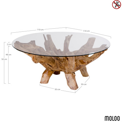 ROOTS-Couchtisch aus massivem Teakholz und Glas ø110 cm