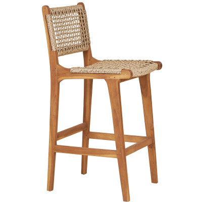 TIKY-Sgabello da bar in teak massello e rattan intrecciato