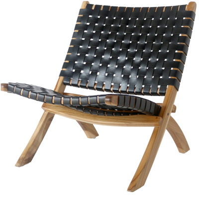 TIKO-Fauteuil pliant en teck massif et cuir noir