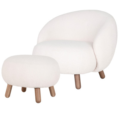 MIMI-Poltrona e pouf in tessuto bouclé ecrù e legno